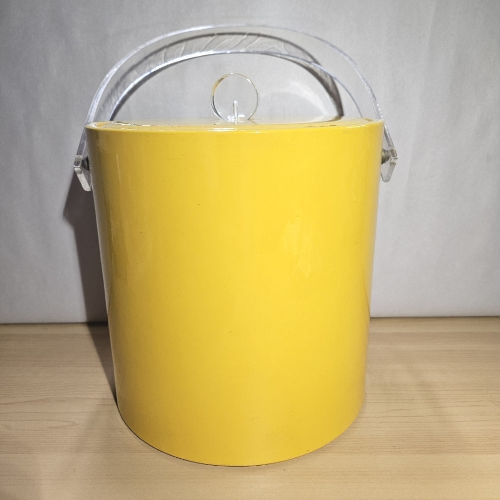 Vintage MCM Yellow Vinyl Insulated Lucite Handle Retro Ice Bucket Barware Cooler